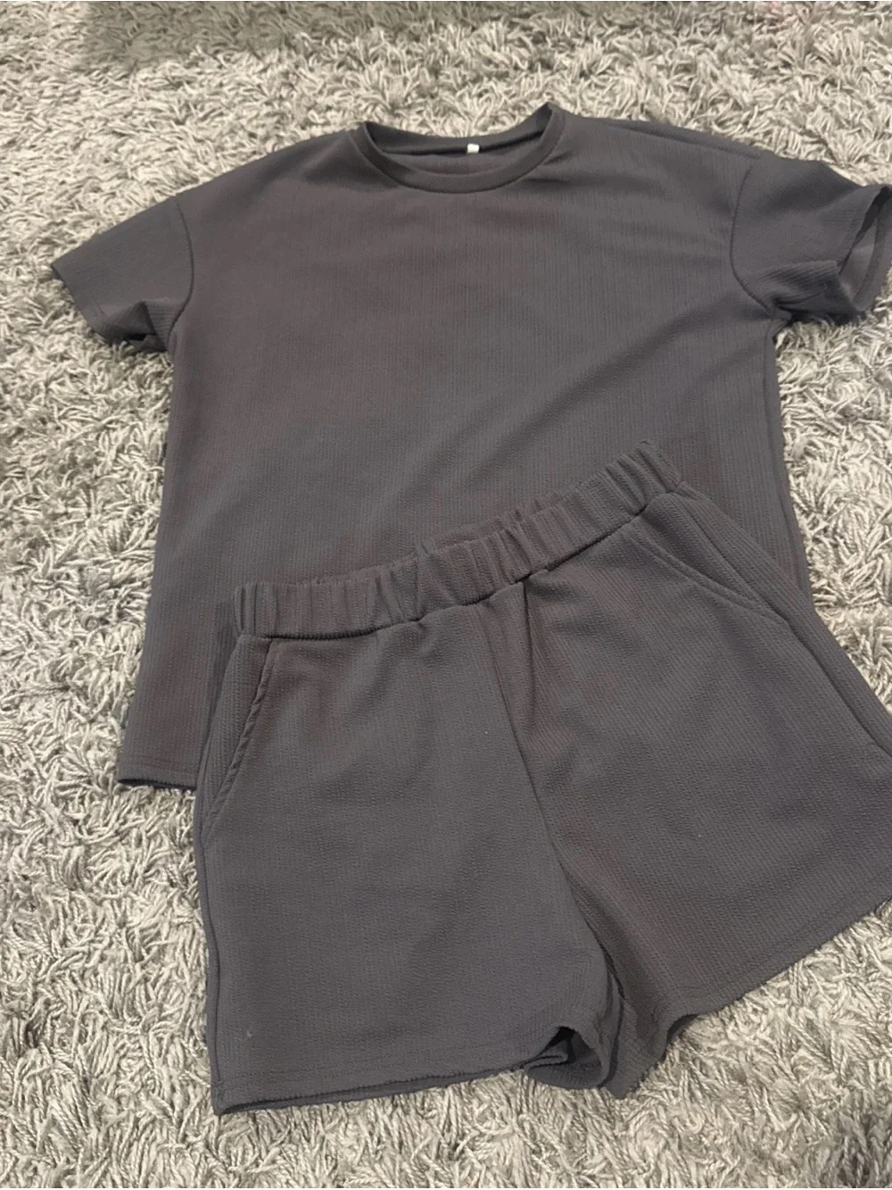 Girls' Gray Knit Short Pajama Set - Soft Rib Tee & Elastic Shorts